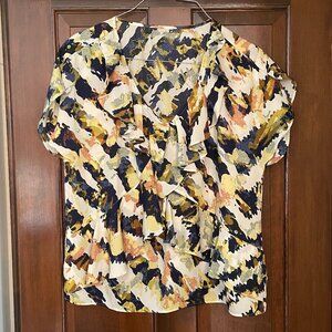 Size XL Daisy Fuentes blue yellow white blouse with ruffles